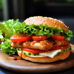 Wall Mural -   Tasty Chicken burger with vegetables - Generative AI