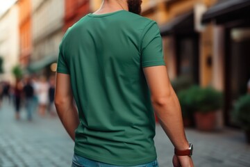 Wall Mural - Man In Green Tshirt On The Street, Back View, Mockup