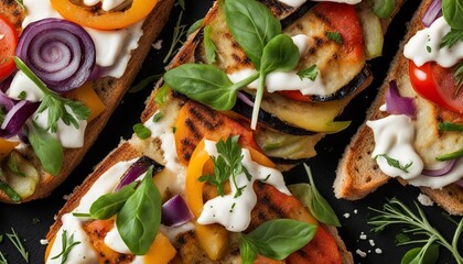 Grilled sourdough bread open faced sandwich with sliced vegetables and mozzarella cheese sprinkled with fresh herbs on a black background, close up view. Tian sandwich