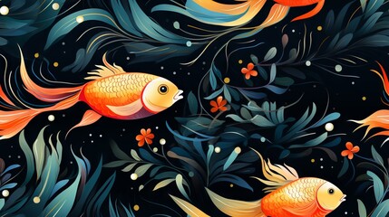 Wall Mural - Colorful fish among sea plants on a dark background in a pattern style. Picturesque underwater inhabitants. Beautiful fish tails. Concept: seamless image for photo wallpapers and postcards