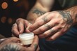 Tattooed hands applying moisturizing cream from jar. Skin care and tattoo aftercare.