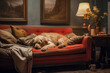 A golden retriever lies on a red sofa in the living room. Cozy atmosphere. The dog is waiting for his owner and is sad.