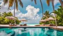 Stunning Landscape, Swimming Pool Blue Sky With Clouds. Tropical Resort Hotel In Maldives. Fantastic Relax And Peaceful Vibes, Chairs, Loungers Under