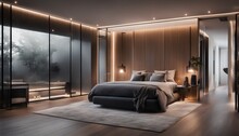 Bedroom And Freestanding Bath Behind A Glass Partition In A Chic Expensive Interior Of A Luxury Home With A Dark Modern Design With Wood Trim And Led Light