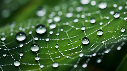 Wall Mural - water drops on green leaf, green leaf with drops of water , fresh dew drops on green leaf 