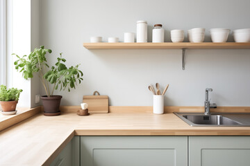 modern minimalist kitchen with clean work surfaces, wooden countertop and white plates and mugs