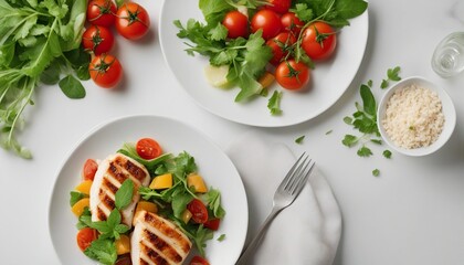 Wall Mural - Chicken breast fillet and vegetable salad with tomatoes and green leaves on a light background. top view

