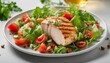 © abu - Chicken breast fillet and vegetable salad with tomatoes and green leaves on a light background. top view