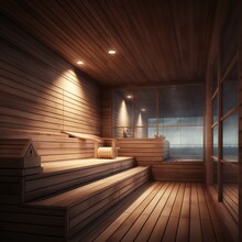 Interior Of Finnish Sauna, Classic Wooden Sauna With Hot Steam. Russian Bathroom. Relax In Hot Sauna With Steam. Wooden Interior Baths, Wooden Benches And Loungers Accessories For Sauna, Spa Complex.