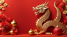 Happy Chinese New Year 2024 The Dragon Zodiac Sign With Flower, Lantern, Elements With Red And Gold Color. Background. Copy Space
