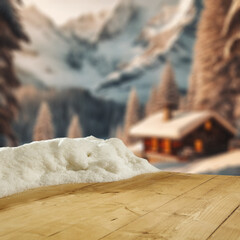 Wall Mural - wooden desk of free space for your decoration. winter landscape of mountains. board cover of snow an
