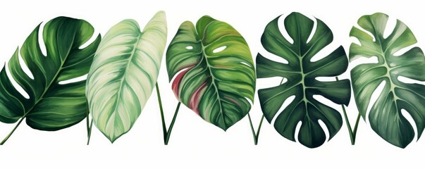 Wall Mural - Exotic plants, palm leaves, monstera on an isolated white background, watercolor illustration, Generative AI