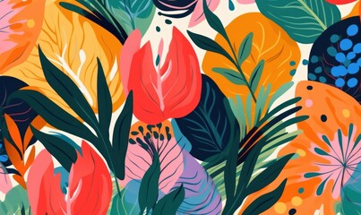 Wall Mural - Modern exotic floral jungle pattern. Collage contemporary seamless pattern. Hand drawn cartoon style pattern, Generative AI