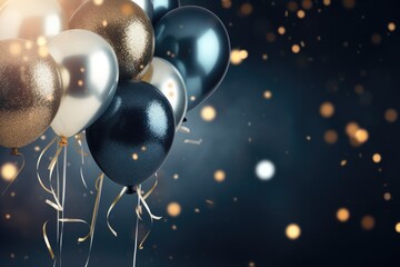 Poster - Black and silver balloons with golden confetti on bokeh background, 3D realistic air balloons alongside sparkling glitter confetti elements, AI Generated