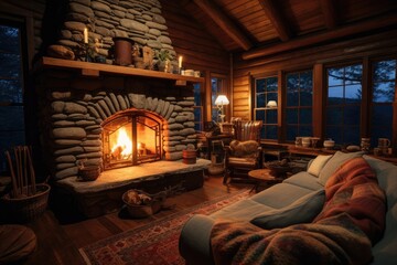 Sticker - Cozy country house interior with fireplace, armchair and pillows, A cozy, lit fireplace in a cabin,  AI Generated