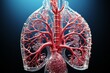 3D colorful illustration of human lungs on dark blue background. Human respiratory system anatomy, bronchia, pleura, trachea, blood vessels and veins. Mockup for publications on medical topics.