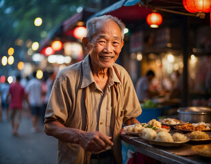 an Asian senior man selling food at street market. ideal for showcasing culinary diversity or cultural experiences.