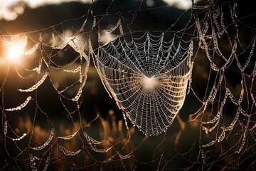 green lush mountain and top hills with water fall ans spider web in the sunlight shinning and glowing in the view abstract background 