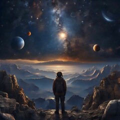 Wall Mural - A boy standing at top of earth and looking the scenic image of planets, sunrise and space