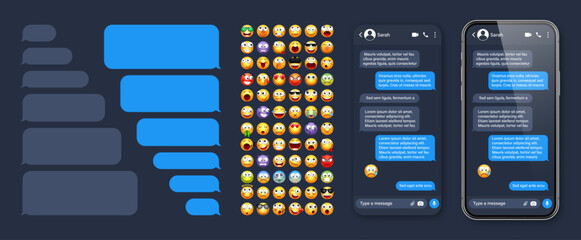 Smartphone messaging app, user interface with emoji. SMS text frame. Chat screen, blue message bubbles. Texting app for communication. Social media application. Dark mode. Vector illustration