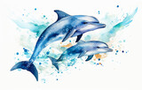 Fototapeta Dziecięca - Illustration of dolphins on white background with watercolor splashes