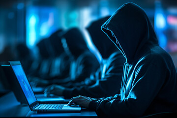 group of hackers or scammers using laptop computers doing cyber warfare on dark technology backgroun