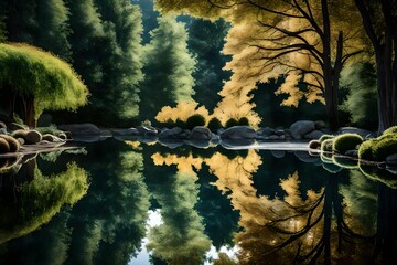 green trees with lush grass and big burger tress in the shine of the sun with spider web in it and water falling from top hills and mountain abstract luxarious view and background 