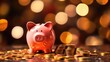 Pink Piggy Bank on Coins Against Bokeh Light Background.
