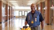 Friendly School Janitor with Cleaning Equipment in Hallway.
