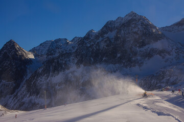 Panoramic view of the mountains. Winter mountain with white snow peak in France. 