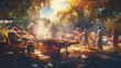 Group of friends grilling sausages on barbecue grill at summer party. Young people grilling sausages. Food, people and family time concept - man cooking meat on barbecue grill at summer garden party