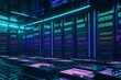 A hidden cyberpunk server farm, where a hacker manipulates digital pathways amidst towering racks of futuristic servers.