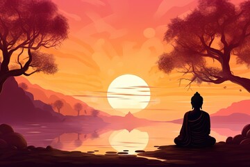 Wall Mural - Buddha statue with sunset in the background