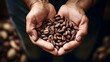 Hands holding freshly roasted aromatic coffee beans. Fair Trade. Generative AI