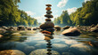 wieża ustawiona z kamieni zen na spokojnej rzece w środku dnia
