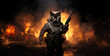 cat in fire, black tuff cat holding guns walking out of fire