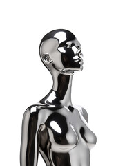 Wall Mural - futuristic chrome woman mannequin isolated. shiny gloss metal human sculpture. y2k liquid metal musi