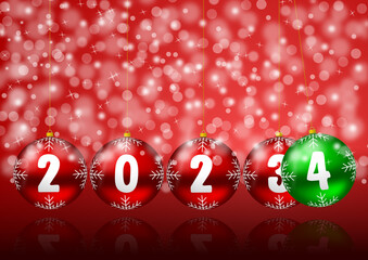 Wall Mural - New year 2024 illustration with Christmas baubles and snowflakes on red background, pendulum concept greeting card