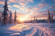 © Tisha - Snowy landscape at sunset, frozen pine trees covered with snow in winter in Saariselka, Lapland, . Christmas and holidays background