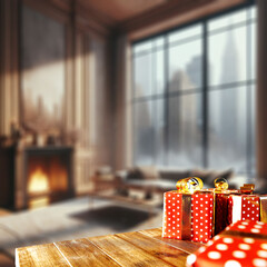 Poster - Wooden desk with christmas gift and ribbon. Christmas time in home interior. Big window sill and city landscape view. Cold december time and mockup of empty space for your decoration. 