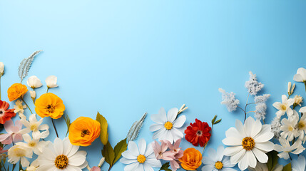  Daisy summer flowers on blue wood background for advertising