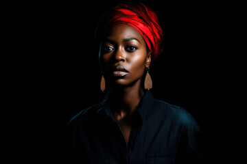 portrait black activist woman with red kerchief or bandana in her hair