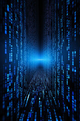 Futuristic data techno binary code neon glowing background. Digital artwork. Reflections and ceiling. Virtual matrix 3D background, representation for business