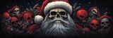 Fototapeta  - Illustration of a somber Santa Claus skull, and his red hat in center of the image. His expression , is a menacing appear rather. Surrounded by skulls, lending to the macabre and eerie ambiance.