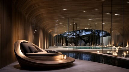 Sticker - A luxurious home spa with a gently curved, wooden slat ceiling, featuring hidden LED strips for a warm glow