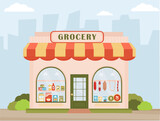 Fototapeta Panele - Grocery shop. Facade of a store. Grocery building facade on the street. Showcases with milk, cheese, sausage, canned food, cereal. . Flat vector illustration.