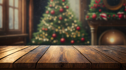 Empty wooden table and blurred cristmas background,