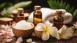 © Andrii Yablonskyi - Feet massage, Thai Massage Spa Therapy with Herbal Towel Compress Ball, Coconut Oil, Perfume, Cosmetics, and Plumeria Flower on Massage Bed created with Generative Ai
