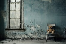 A Teddy Bear Sits On A Chair In A Abandoned Destroy House With Copy Space