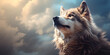 There is a wolf that is looking up at the sky and sky background